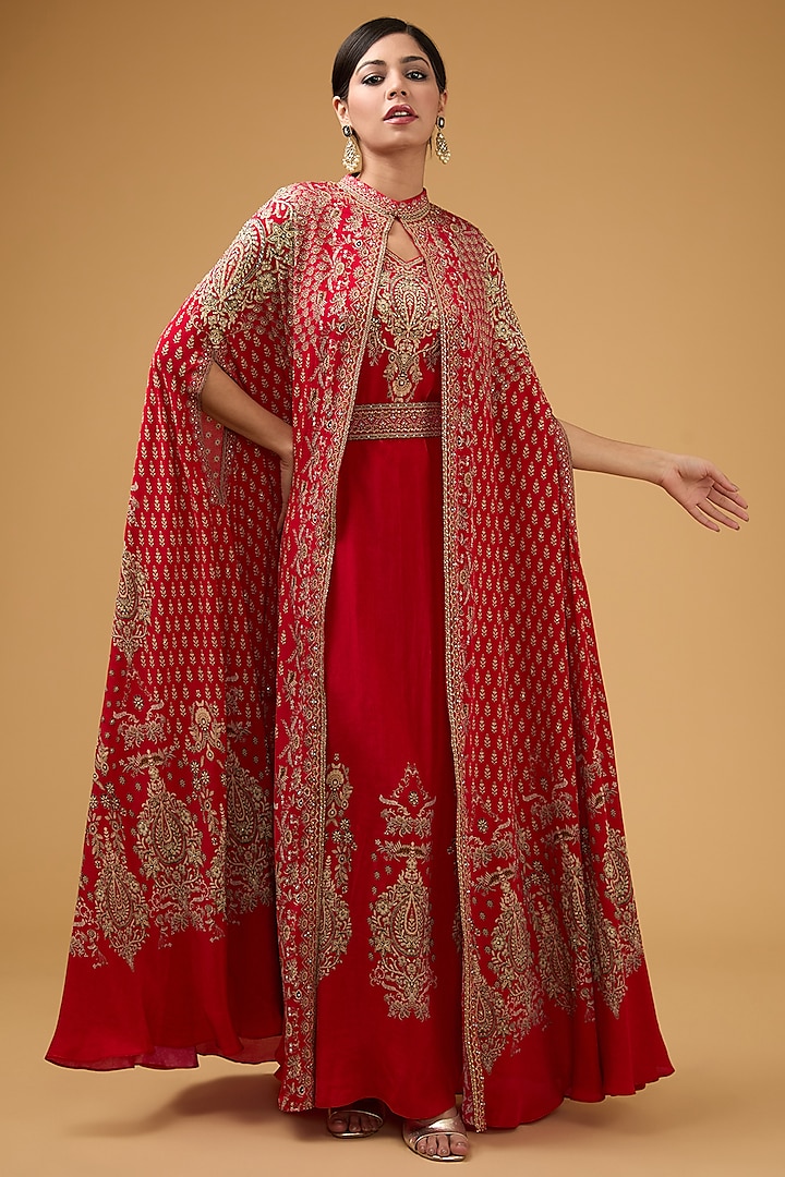 Red Crepe Printed & Embroidered Cape Set by NIRRAAMYAA