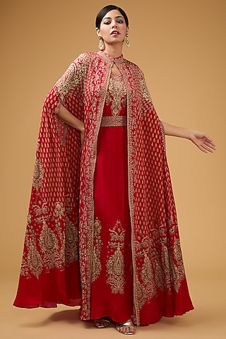 Red Crepe Printed & Embroidered Cape Set by NIRRAAMYAA