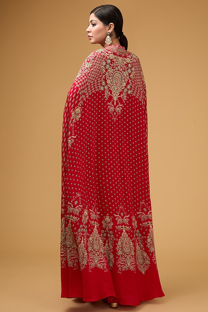 Red Crepe Printed & Embroidered Cape Set by NIRRAAMYAA at Pernia's Pop Up Shop