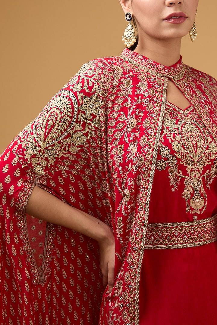 Red Crepe Printed & Embroidered Cape Set by NIRRAAMYAA at Pernia's Pop Up Shop