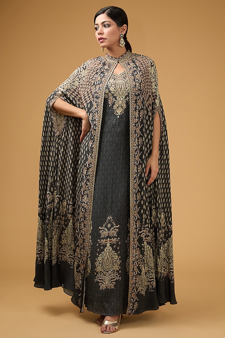 Grey Crepe Printed & Embroidered Cape Set by NIRRAAMYAA
