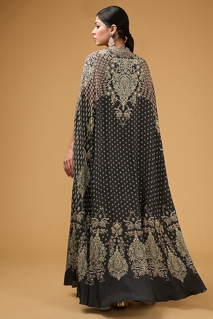 Grey Crepe Printed & Embroidered Cape Set by NIRRAAMYAA at Pernia's Pop Up Shop