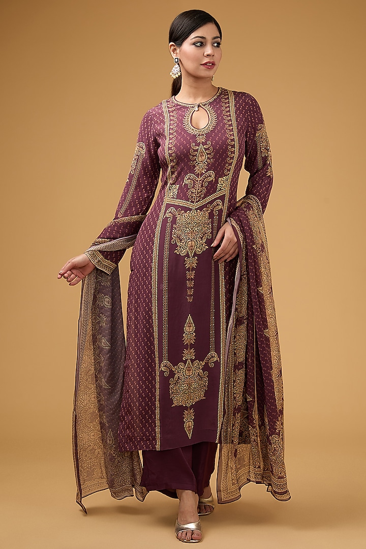 Mauve Crepe Printed & Embroidered Kurta Set by NIRRAAMYAA