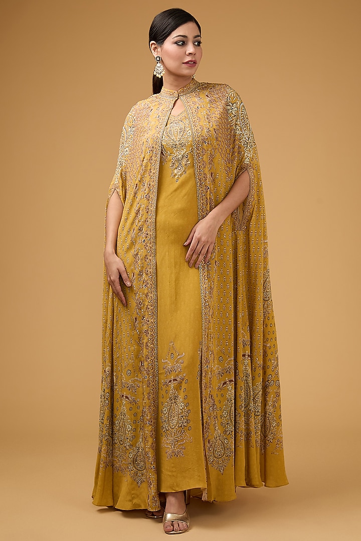 Mustard Yellow Crepe Printed & Embroidered Cape Set by NIRRAAMYAA