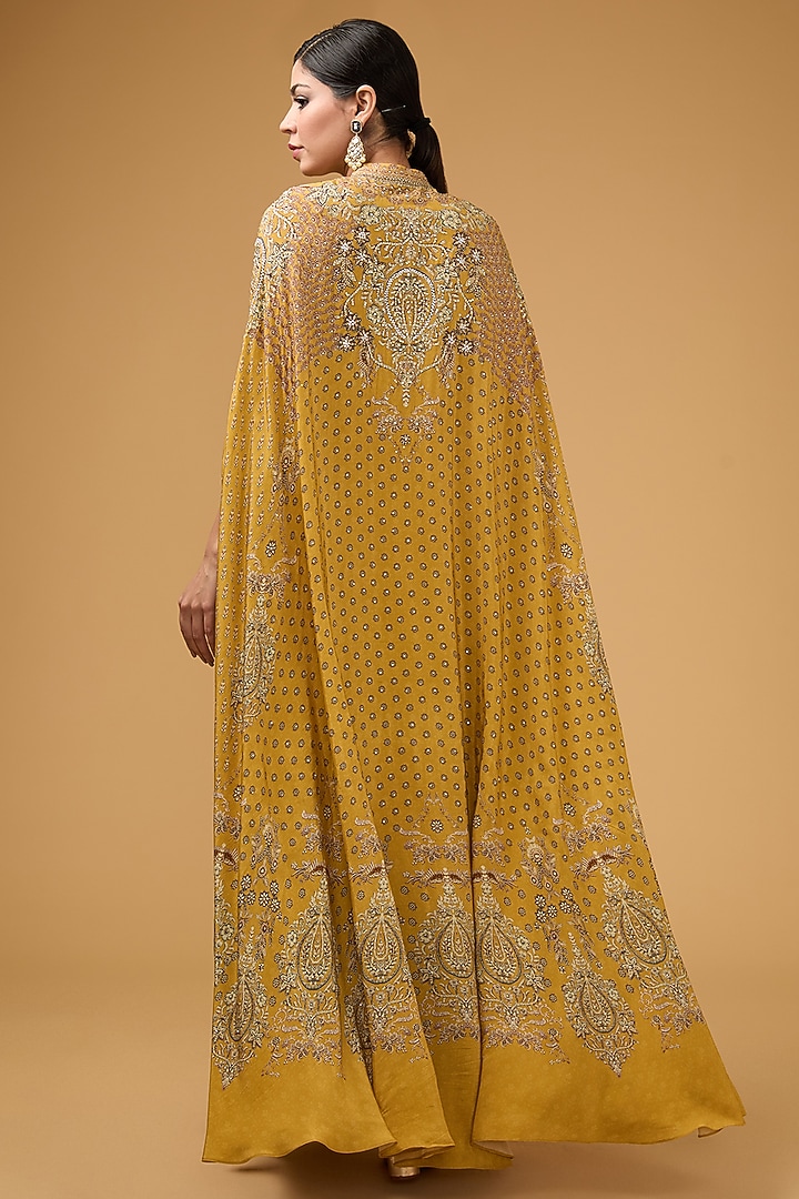 Mustard Yellow Crepe Printed & Embroidered Cape Set by NIRRAAMYAA at Pernia's Pop Up Shop
