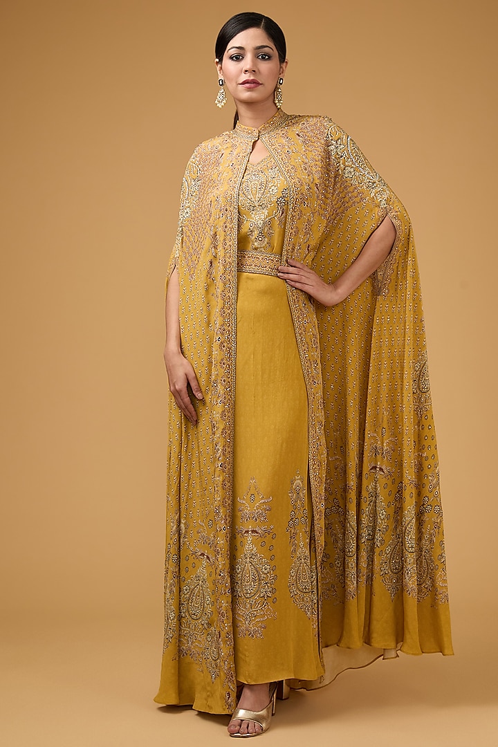 Mustard Yellow Crepe Printed & Embroidered Cape Set by NIRRAAMYAA at Pernia's Pop Up Shop