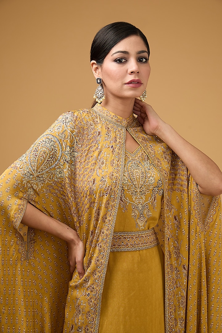 Mustard Yellow Crepe Printed & Embroidered Cape Set by NIRRAAMYAA at Pernia's Pop Up Shop