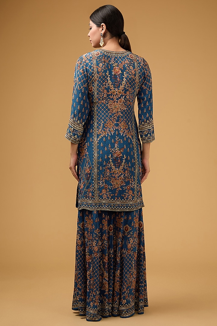 Navy Blue Crepe Printed & Embroidered Kurta Set by NIRRAAMYAA at Pernia's Pop Up Shop