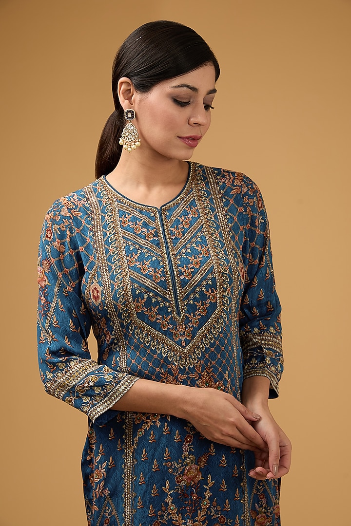 Navy Blue Crepe Printed & Embroidered Kurta Set by NIRRAAMYAA at Pernia's Pop Up Shop
