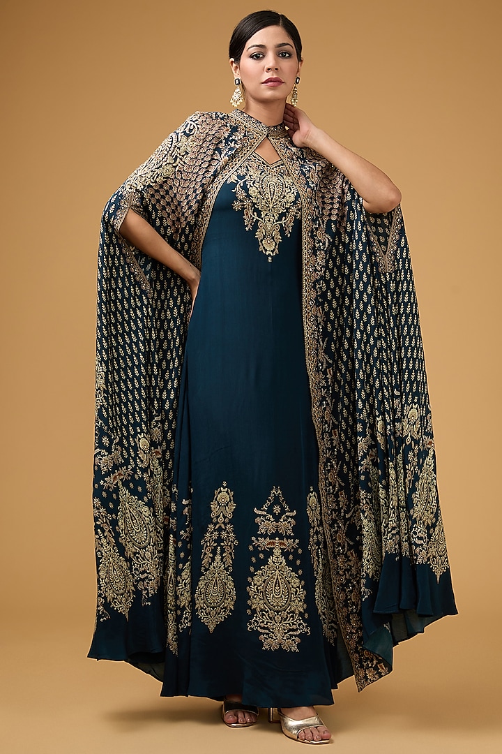 Blue Crepe Printed & Embroidered Cape Set by NIRRAAMYAA