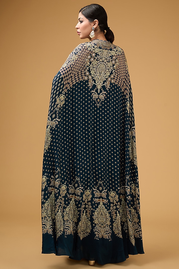 Blue Crepe Printed & Embroidered Cape Set by NIRRAAMYAA at Pernia's Pop Up Shop