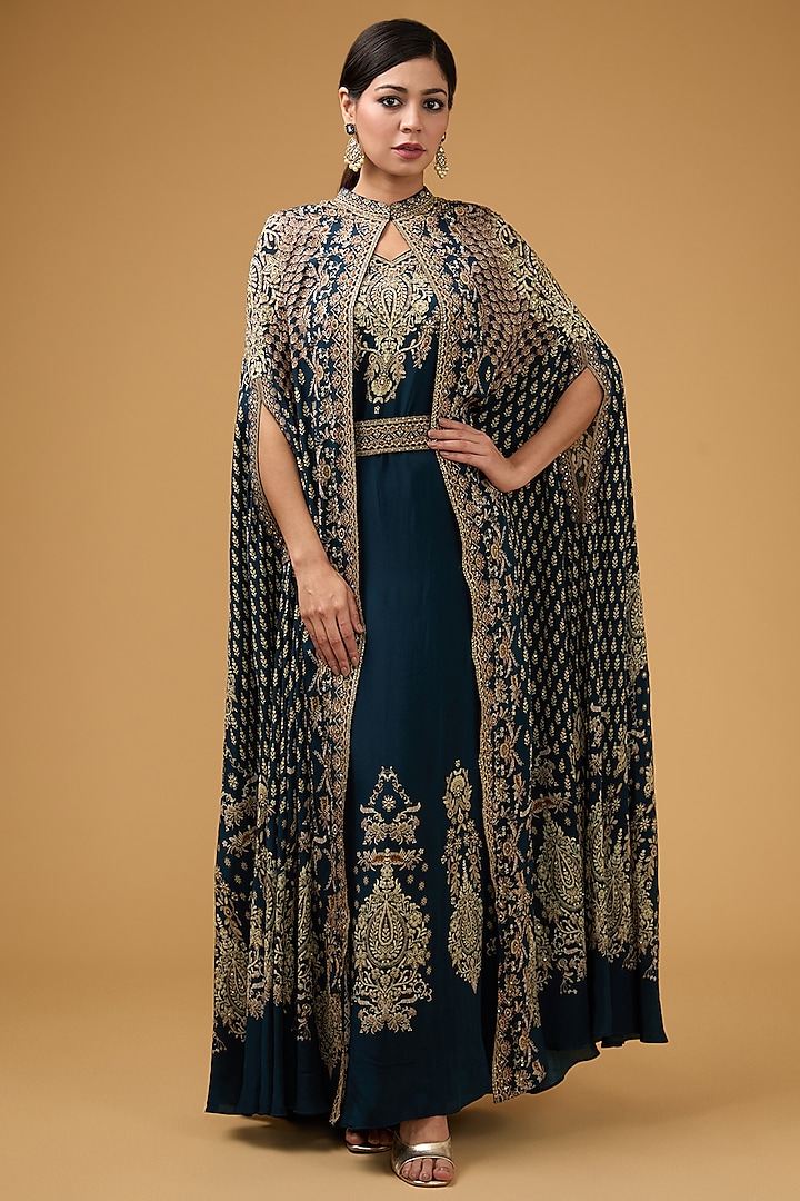 Blue Crepe Printed & Embroidered Cape Set by NIRRAAMYAA at Pernia's Pop Up Shop