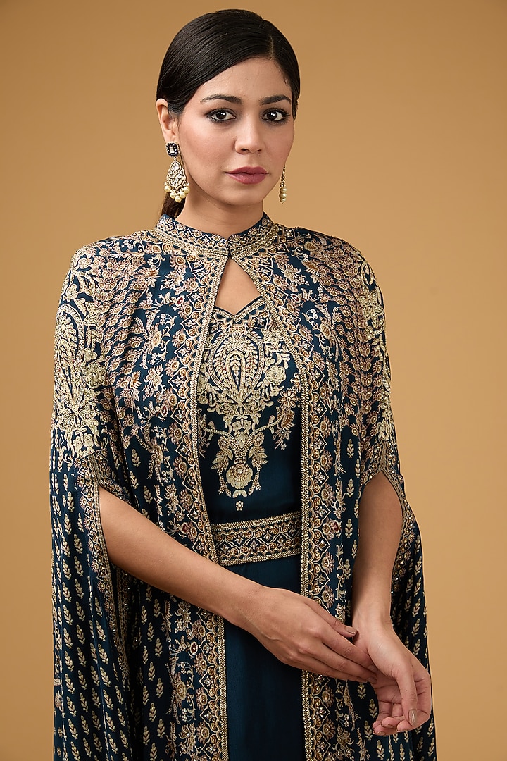 Blue Crepe Printed & Embroidered Cape Set by NIRRAAMYAA at Pernia's Pop Up Shop