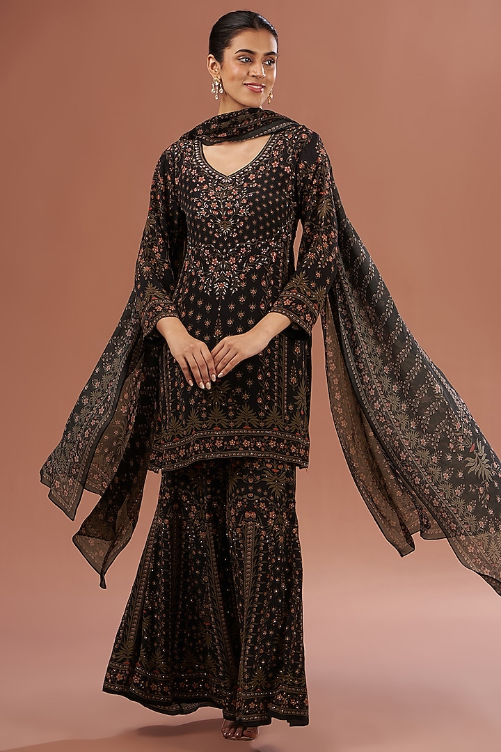 Black Crepe & Georgette Digital Printed Sharara Set by NIRRAAMYAA at Pernia's Pop Up Shop