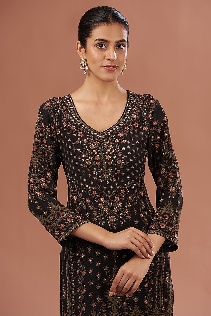 Black Crepe & Georgette Digital Printed Party Wear Sharara Set by NIRRAAMYAA at Pernia's Pop Up Shop