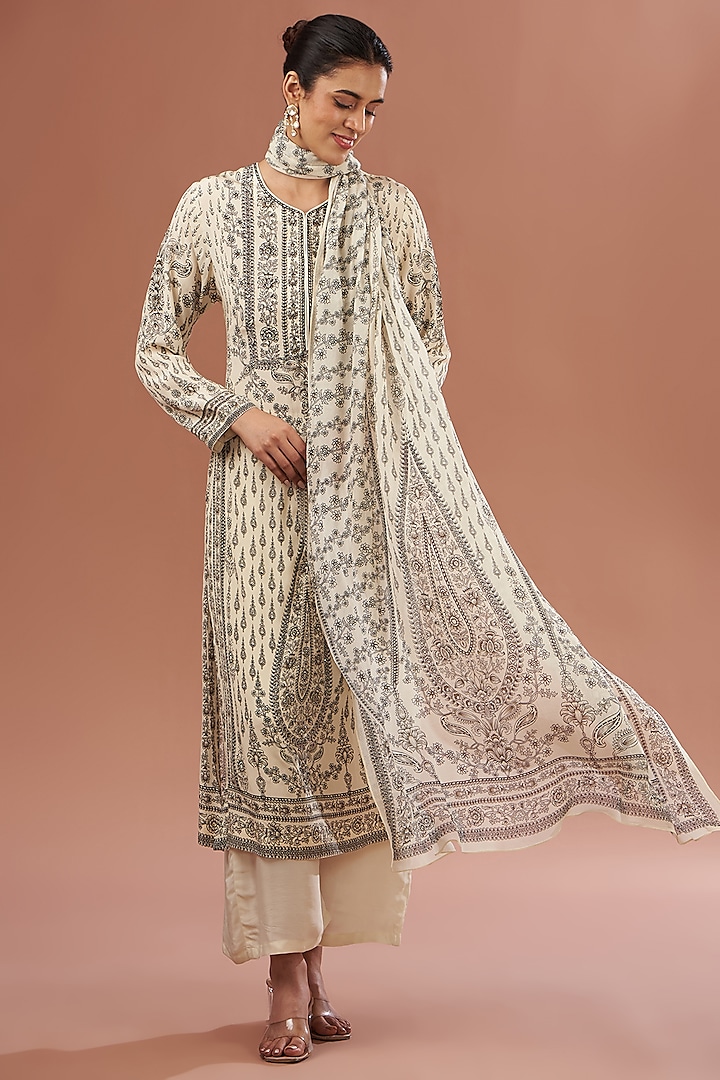 Beige Crepe & Georgette Digital Printed Kurta Set by NIRRAAMYAA