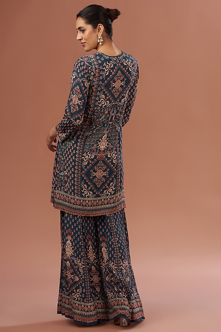 Navy Blue Crepe & Georgette Digital Printed Party Wear Sharara Set by NIRRAAMYAA at Pernia's Pop Up Shop