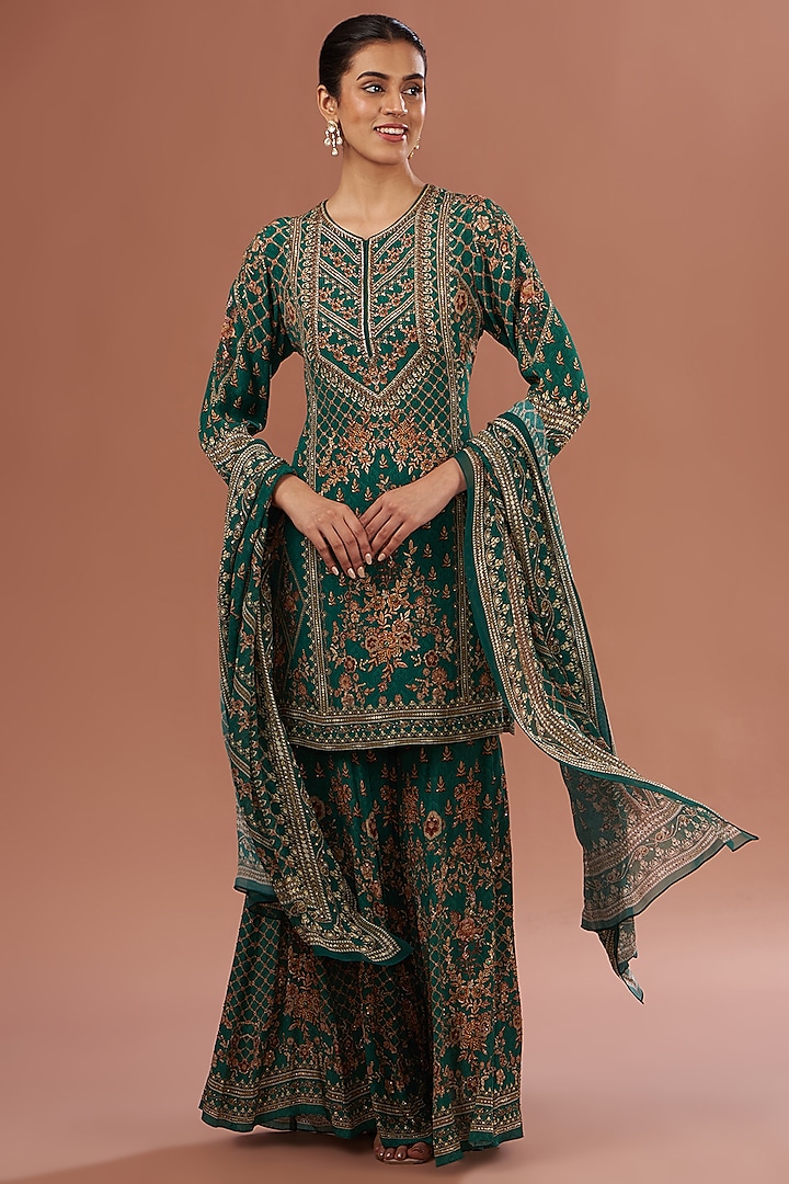 Green Crepe & Georgette Digital Printed Sharara Set by NIRRAAMYAA at Pernia's Pop Up Shop