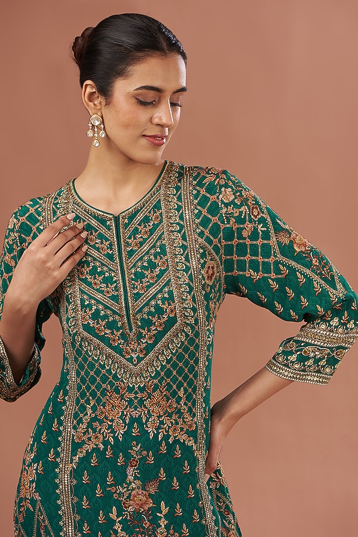 Green Crepe & Georgette Digital Printed Party Wear Sharara Set by NIRRAAMYAA at Pernia's Pop Up Shop
