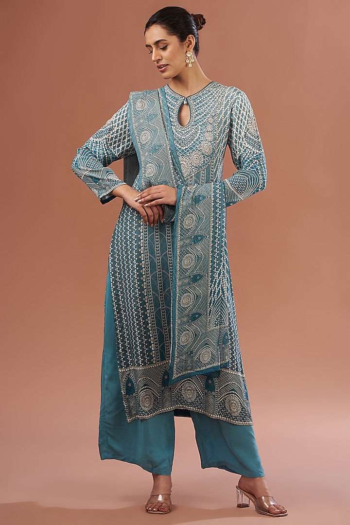 Aqua Blue Crepe & Georgette Swarovski Embroidered Kurta Set by NIRRAAMYAA