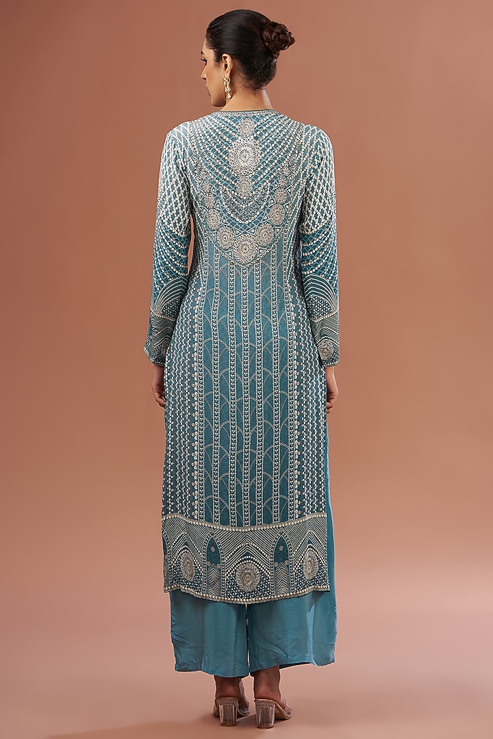 Aqua Blue Crepe & Georgette Swarovski Embroidered Kurta Set by NIRRAAMYAA at Pernia's Pop Up Shop