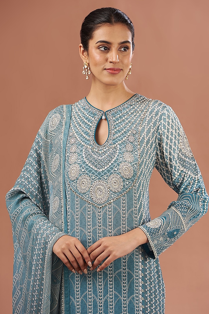 Aqua Blue Crepe & Georgette Swarovski Embroidered Kurta Set by NIRRAAMYAA at Pernia's Pop Up Shop