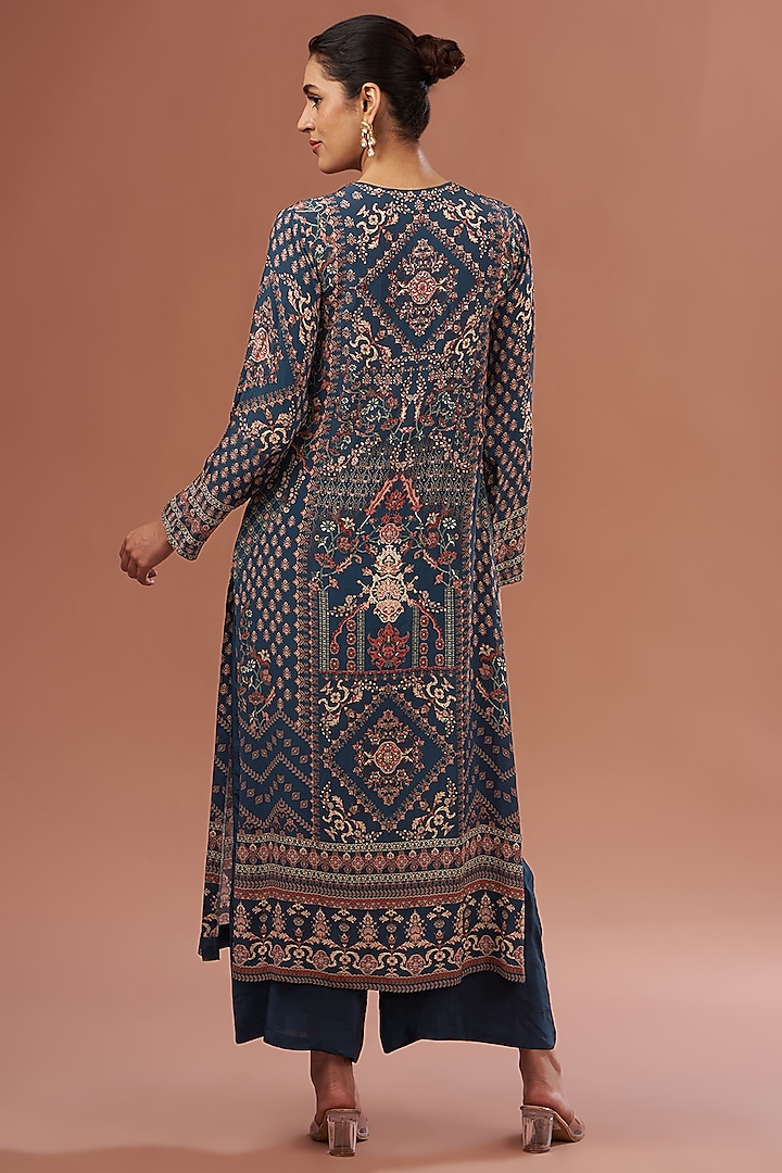 Navy Blue Crepe & Georgette Swarovski Embroidered Kurta Set by NIRRAAMYAA at Pernia's Pop Up Shop
