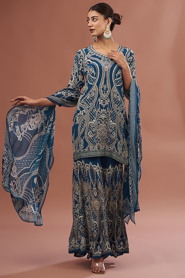 Blue Crepe & Georgette Digital Printed Sharara Set by NIRRAAMYAA at Pernia's Pop Up Shop