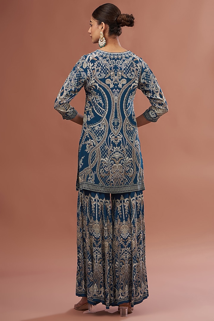 Blue Crepe & Georgette Digital Printed Party Wear Sharara Set by NIRRAAMYAA at Pernia's Pop Up Shop