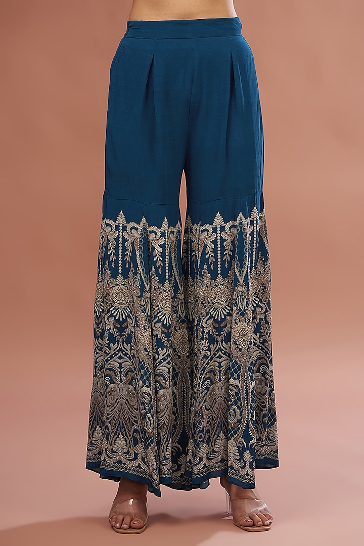 Blue Crepe & Georgette Digital Printed Party Wear Sharara Set by NIRRAAMYAA at Pernia's Pop Up Shop