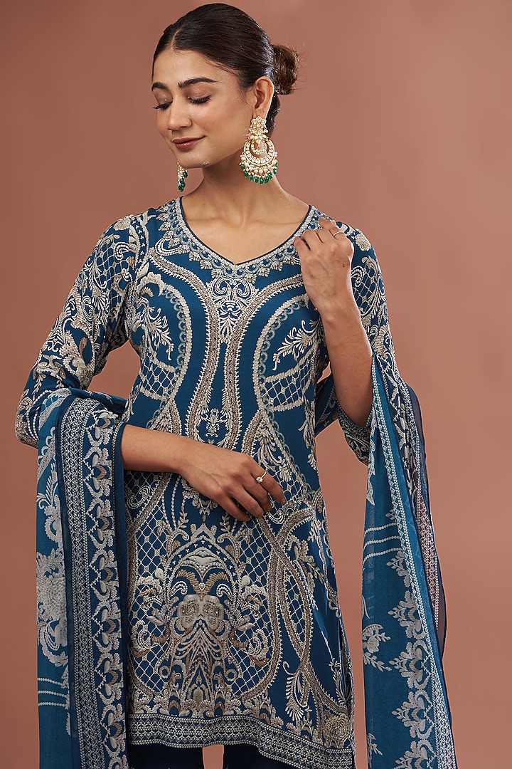 Blue Crepe & Georgette Digital Printed Party Wear Sharara Set by NIRRAAMYAA at Pernia's Pop Up Shop