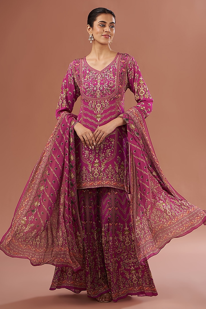 Fuchsia Crepe & Georgette Digital Printed Sharara Set by NIRRAAMYAA at Pernia's Pop Up Shop