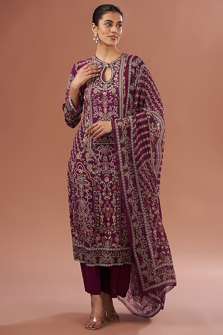 Wine Georgette & Crepe Digital Printed Kurta Set by NIRRAAMYAA