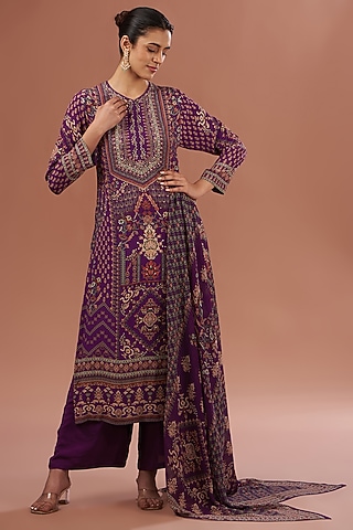 Wine-Blue Crepe & Georgette Digital Printed Kurta Set by NIRRAAMYAA