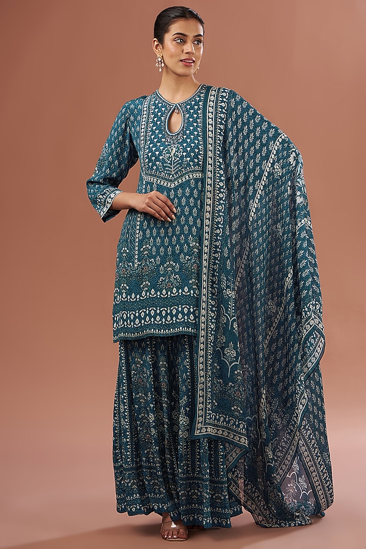 Blue Crepe & Georgette Digital Printed Sharara Set by NIRRAAMYAA at Pernia's Pop Up Shop