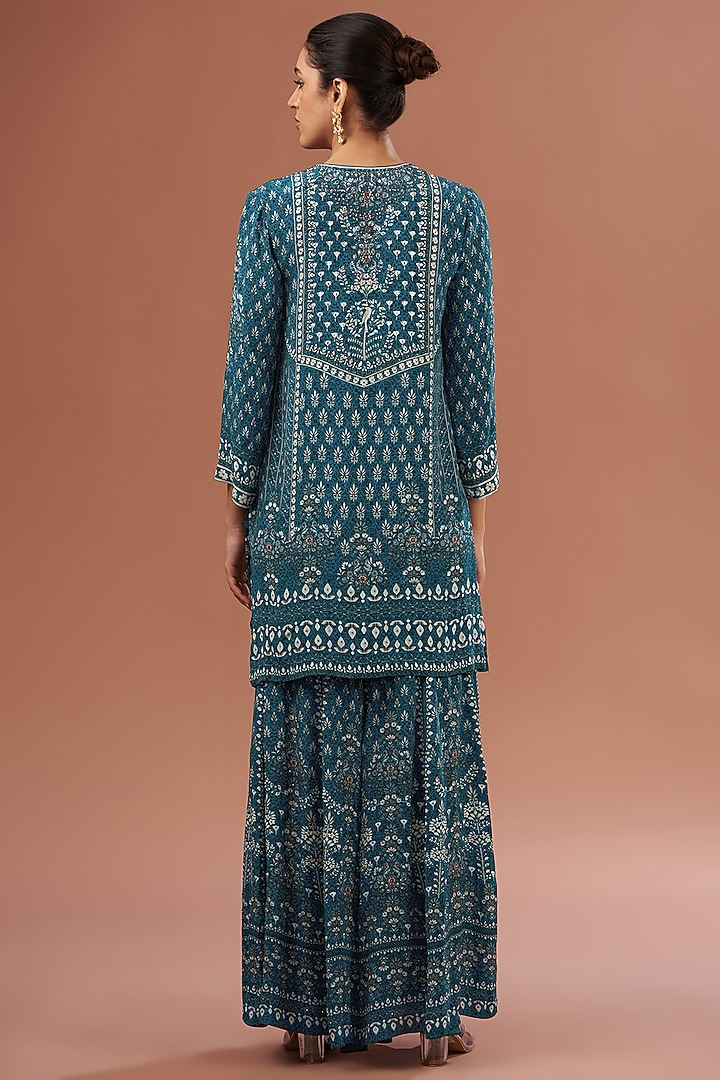 Blue Crepe & Georgette Digital Printed Party Wear Sharara Set by NIRRAAMYAA at Pernia's Pop Up Shop
