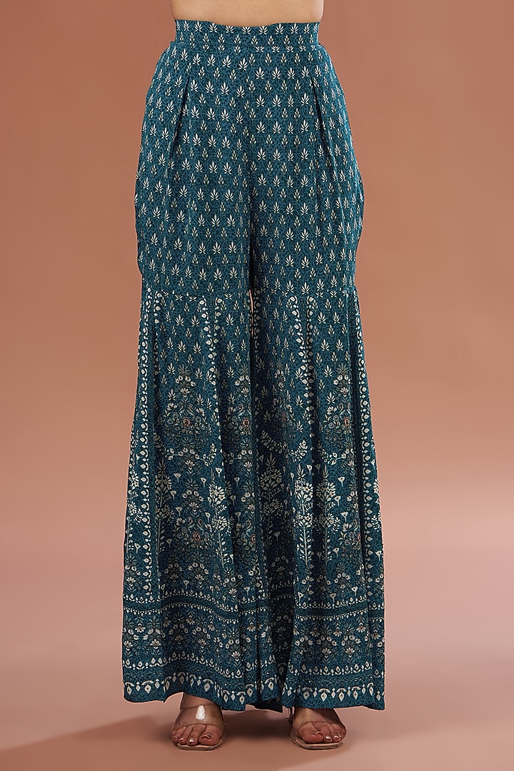 Blue Crepe & Georgette Digital Printed Party Wear Sharara Set by NIRRAAMYAA at Pernia's Pop Up Shop