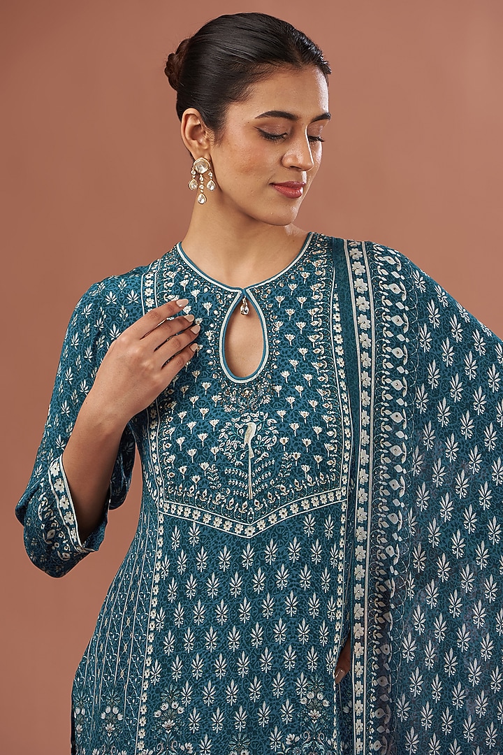 Blue Crepe & Georgette Digital Printed Party Wear Sharara Set by NIRRAAMYAA at Pernia's Pop Up Shop