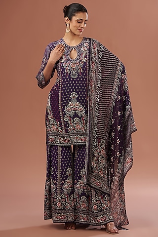 Purple Crepe & Georgette Digital Printed Sharara Set by NIRRAAMYAA