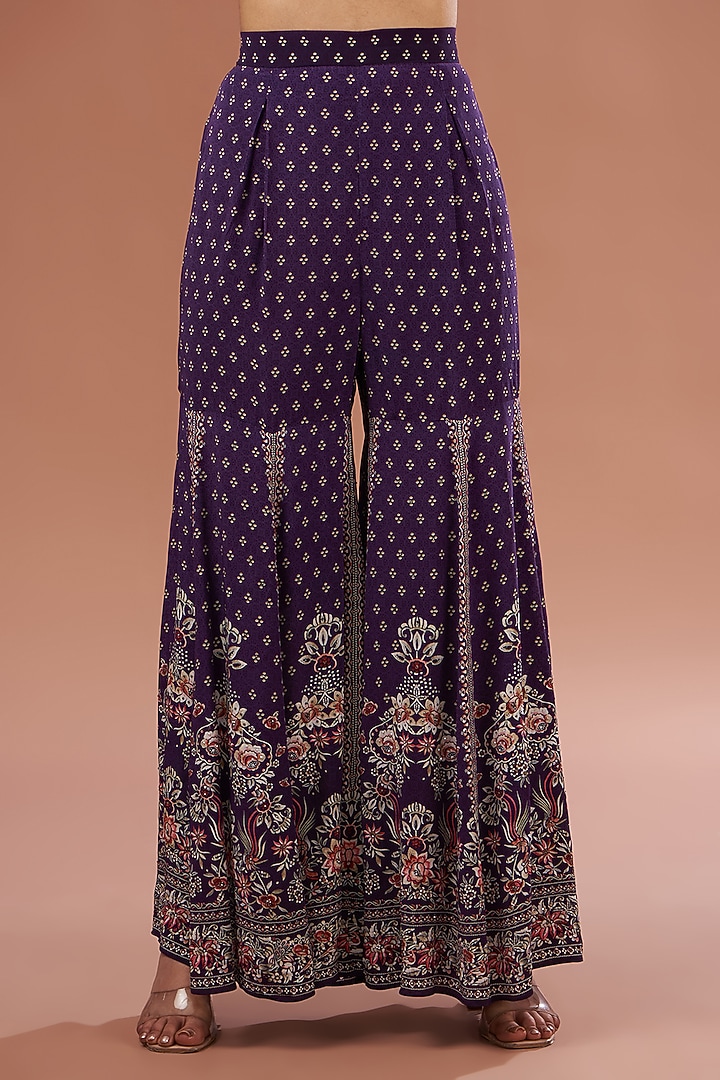 Purple Crepe & Georgette Digital Printed Party Wear Sharara Set by NIRRAAMYAA at Pernia's Pop Up Shop