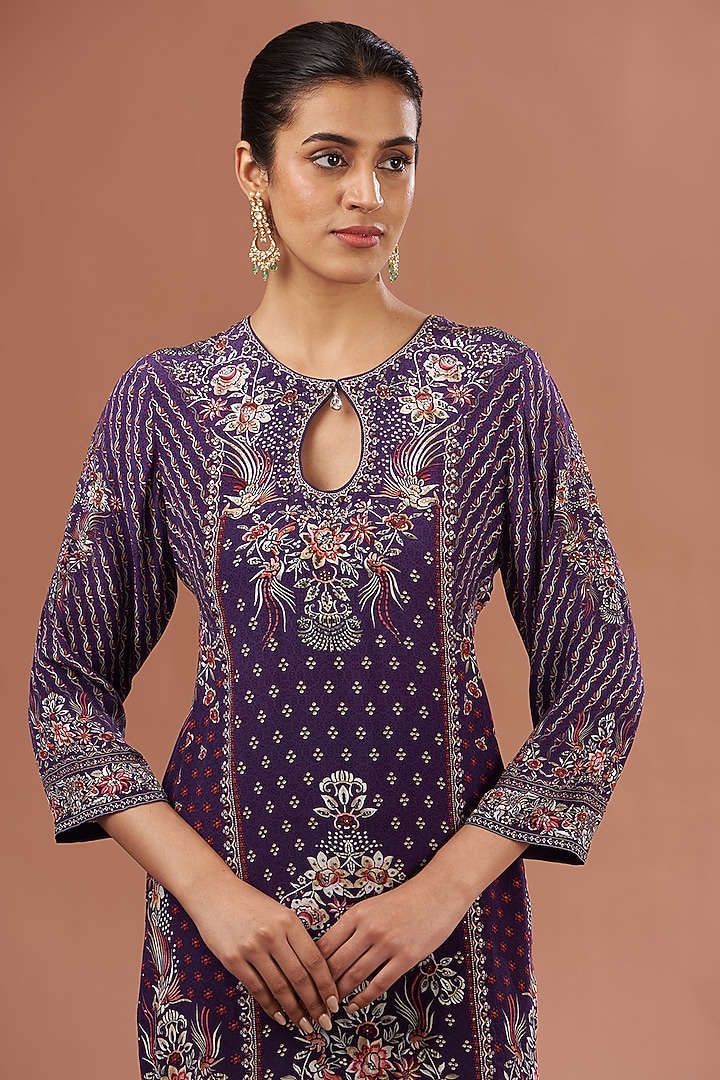 Purple Crepe & Georgette Digital Printed Party Wear Sharara Set by NIRRAAMYAA at Pernia's Pop Up Shop