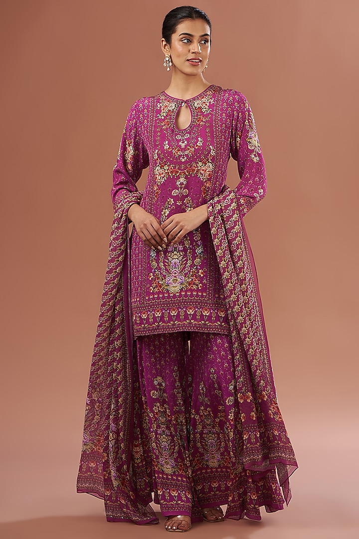 Pink Crepe & Georgette Digital Printed Sharara Set by NIRRAAMYAA at Pernia's Pop Up Shop