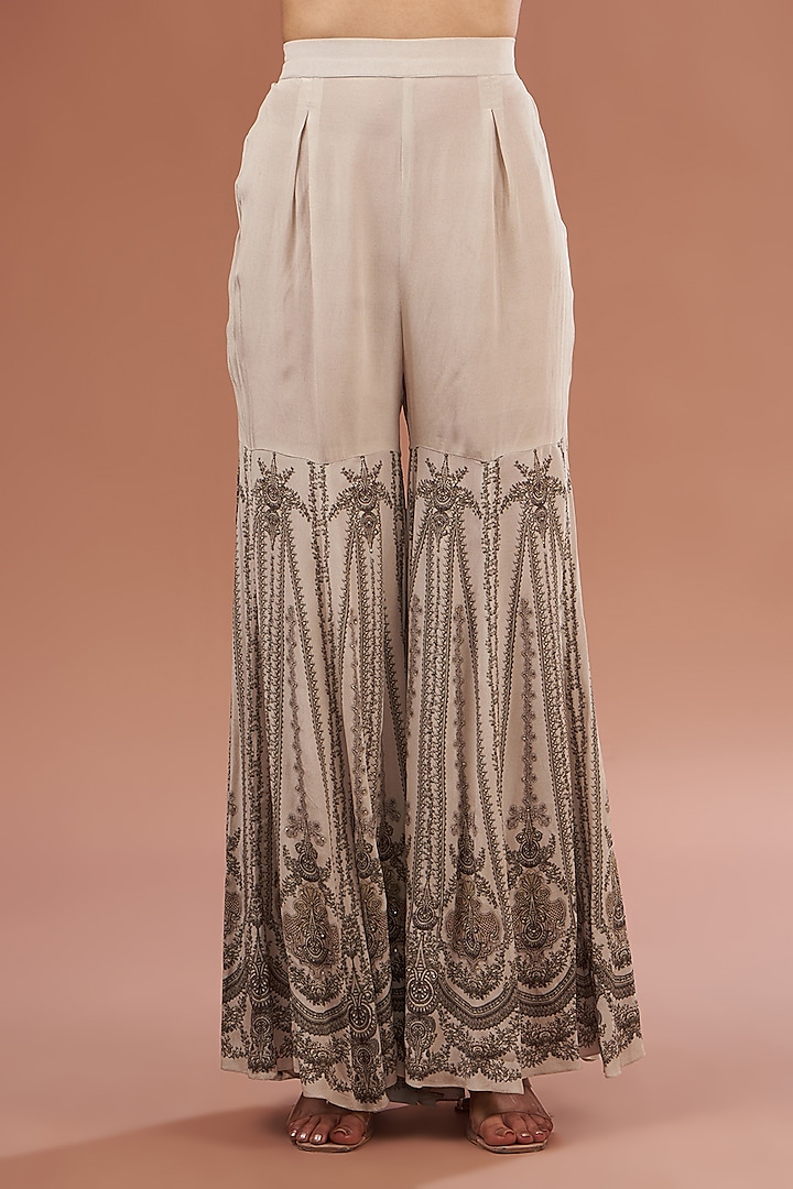 Beige Crepe & Georgette Digital Printed Party Wear Sharara Set by NIRRAAMYAA at Pernia's Pop Up Shop