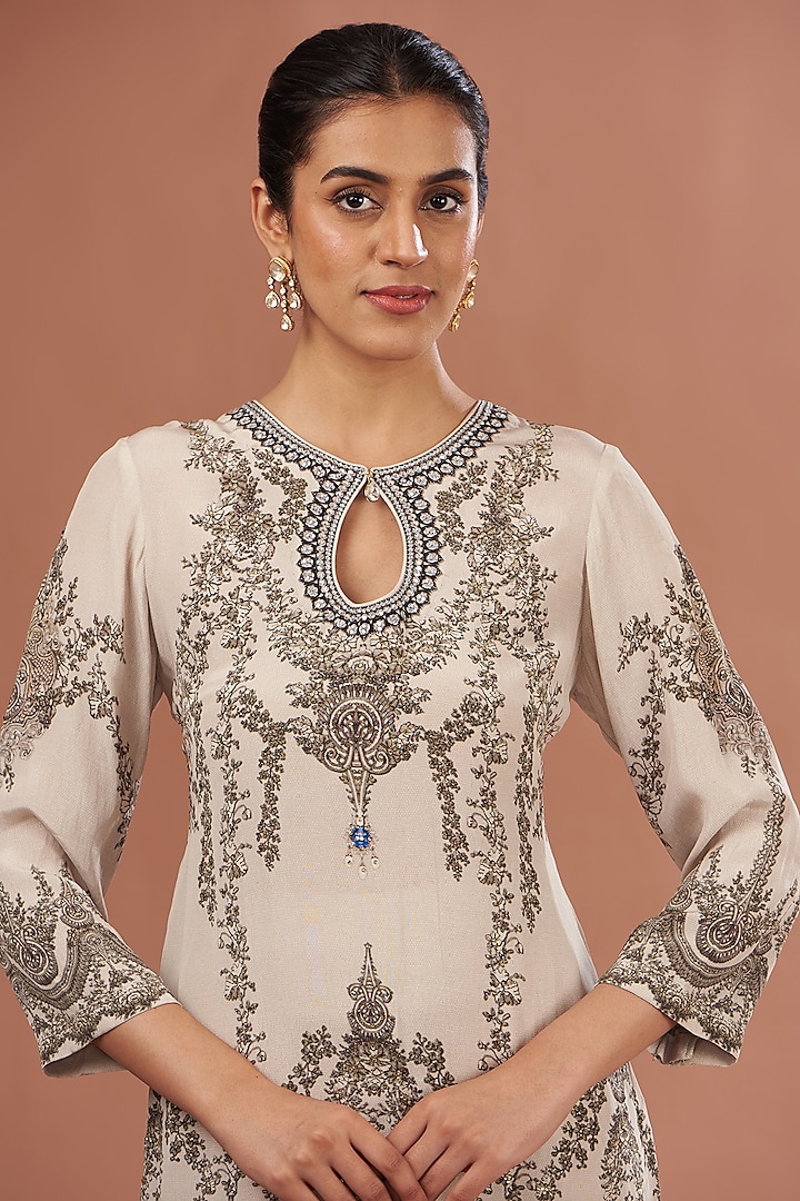 Beige Crepe & Georgette Digital Printed Party Wear Sharara Set by NIRRAAMYAA at Pernia's Pop Up Shop