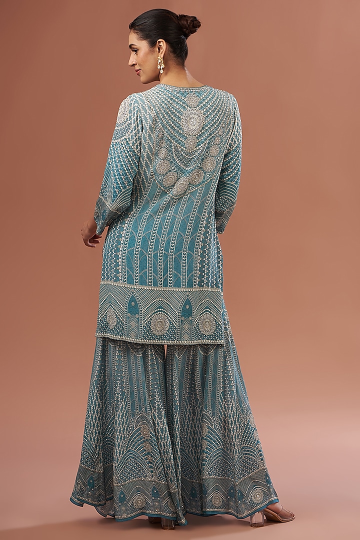 Aqua Blue Crepe & Georgette Digital Printed Party Wear Sharara Set by NIRRAAMYAA at Pernia's Pop Up Shop