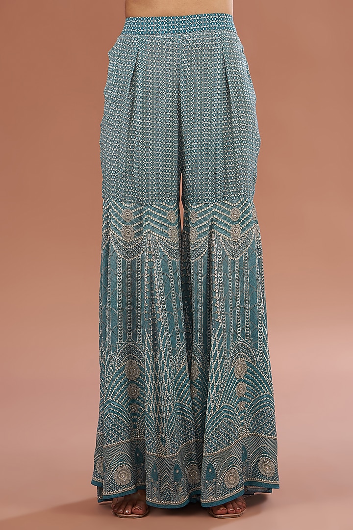 Aqua Blue Crepe & Georgette Digital Printed Party Wear Sharara Set by NIRRAAMYAA at Pernia's Pop Up Shop