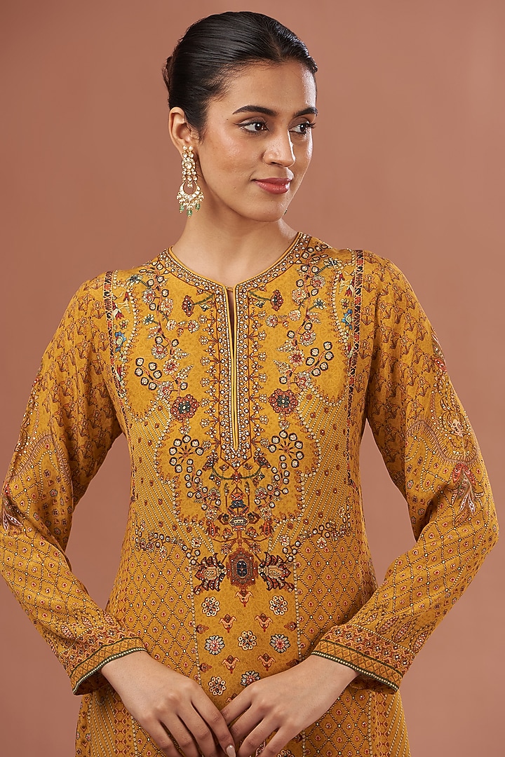 Mustard Yellow Crepe & Georgette Digital Printed Kurta Set by NIRRAAMYAA at Pernia's Pop Up Shop