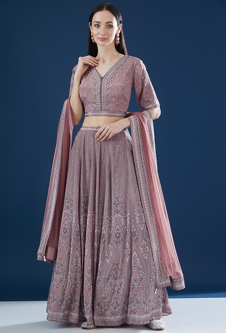 Pale Pink Bemberg Crepe Printed Wedding Lehenga Set by NIRRAAMYAA at Pernia's Pop Up Shop