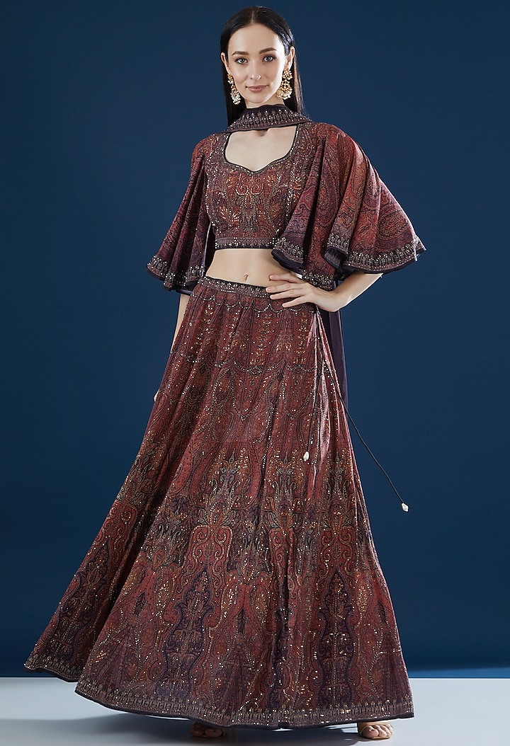 Maroon Bemberg Crepe Digital Printed Wedding Lehenga Set by NIRRAAMYAA at Pernia's Pop Up Shop