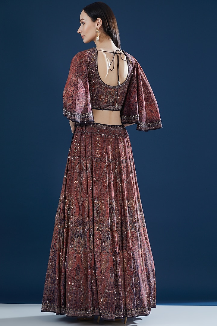 Maroon Bemberg Crepe Digital Printed Wedding Lehenga Set by NIRRAAMYAA at Pernia's Pop Up Shop